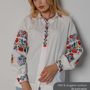 Vyshyvanka women's blouse in white, Ukrainian embroidery on linen, Ethnic ladies clothing, Ukrainian vyshyvanka, Modern cross stitch blouse image 2