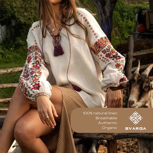 Modern Ukrainian vyshyvanka, linen blouse, summer blouse for her, Ukrainian embroidery, cross stitch pattern, soft beige blouse, breathable image 1