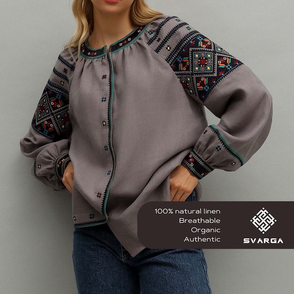 Modern Ukrainian vyshyvanka, linen blouse, summer blouse for her, Ukrainian embroidery, authentic motives, high-quality linen, chic grey top