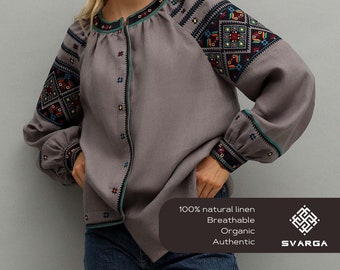 Modern Ukrainian vyshyvanka, linen blouse, summer blouse for her, Ukrainian embroidery, authentic motives, high-quality linen, chic grey top