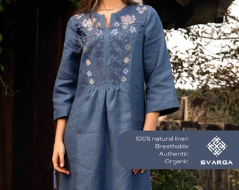 Vyshyvanka modern linen dress, embroidered blue dress, traditional embroidery, cottagecore dress, women's linen dress, breathable dress