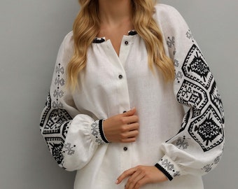 Blusa ucraniana de lino bordado, top eslavo para mujer