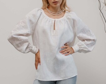 In stock! White vyshyvanka blouse with modern embroidery and puff sleeves, linen women clothing, floral blouse, summer linen shirt