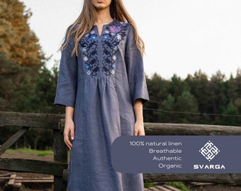 Vyshyvanka modern linen dress, embroidered sky grey dress, traditional embroidery, cottage-core dress, women's linen dress, breathable dress