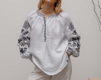 Modern vyshyvanka for womens, linen embroidered shirt with cross stitch, white linen shirt for her, summer shirt, ethnic wear