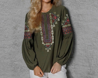 Vyshyvanka blouse, ethnic embroidered blouse, breathable Ukrainian blouse, folk linen blouse, organic vyshyvanka blouse, green linen top