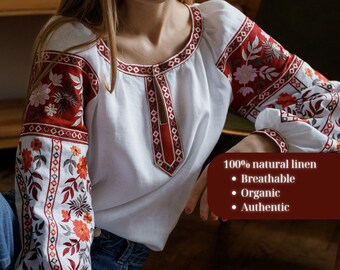 Vyshyvanka modern blouse, Women's embroidered shirt, Linen peasant blouse with Ukrainian embroidery, organic summer blouse, puff sleeves