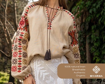 Modern Ukrainian vyshyvanka, linen blouse, summer blouse for her, Ukrainian embroidery, cross stitch pattern, soft beige, gift for her