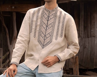 Vyshyvanka for men Mountains, easter shirt for men's, embroidery linen men shirt, birthday gift, ethnic clothes made in Ukraine