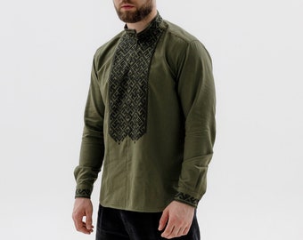 Modern Ukrainian vyshyvanka for men, quality embroidery, khaki summer shirt for men, breathable clothes, cross stitch pattern