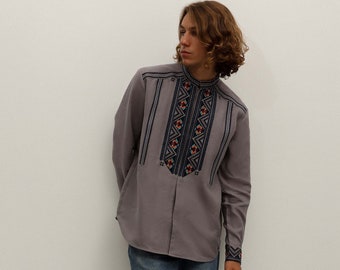Modern 2024 Ukrainian vyshyvanka shirt for men, embroidered x cross stitch pattern clothes, natural clothes, ethnic clothes, grey folk shirt