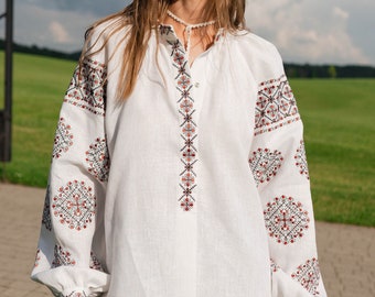 Modern embroidered vyshyvanka blouse, Christmas gift for her, linen organic clothes, puff sleeves, breathable clothes, ethnic boho white top