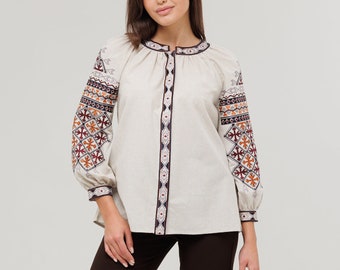 Vyshyvanka modern blouse, ukrainian embroidered blouse, embroidery inspired by Chernigiv region of Ukraine, breathable clothes, puff sleeves