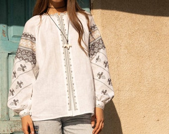 NEW!!! Modern Ukrainian vyshyvanka, linen blouse, summer blouse for her, Ukrainian embroidery, cross stitch pattern, soft white linen shirt