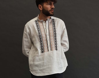 Vyshyvanka for men, Ukraine embroidered clothing, Vyshyvanka from Cherkasy, white linen mens shirt, linen menswear, gifts for boyfriend