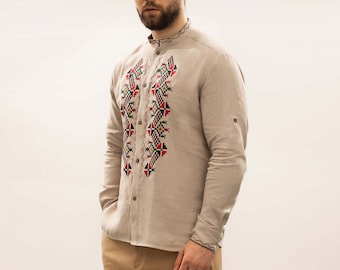 Ukrainian embroidery shirt - vyshyvanka for mens, summer shirt, mens linen shirt, cross stitch linen beige shirt men, easter shirt & gift