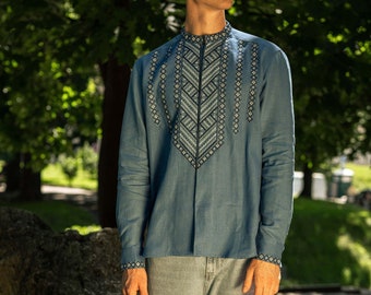 Minimalist linen embroidered shirt, Ukrainian linen shirt, mens folk shirt, ethnic linen clothes, men summer clothes, linen Vyshyvanka shirt