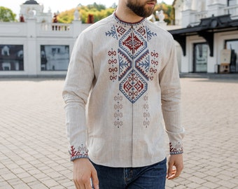 Vyshyvanka - embroidered shirts for men, linen shirt men, Ukrainian vyshyvanka, ethnic clothing cross stitch linen, made in Ukraine Gorgany