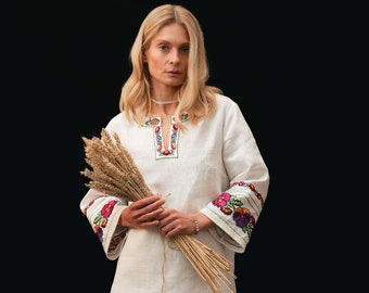 Woman vyshyvanka blouse, Ukrainian embroidered folk clothing, traditional ethnic wear, cross stitch peasant blouse, handmade linen blouse