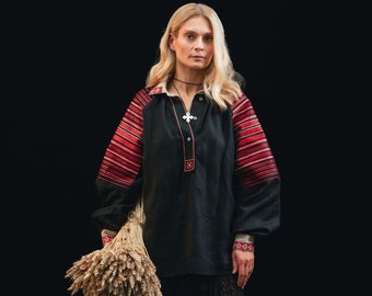 Modern vyshyvanka for woman, Ukrainian embroidered blouse, cross stitch shirt, peasant blouse, black linen tops for women, easter gift