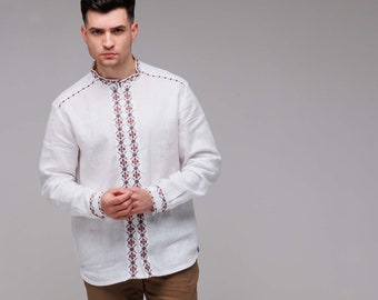 Modern Ukrainian vyshyvanka for man, embroidered clothes, summer linen men shirt, gift for him, father day gift, Ukraine tshirt - Kyiv