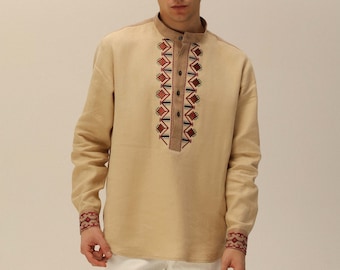 Traditional Beige Linen Men's Ukrainian Vyshyvanka Shirt, Folk Embroidery, Ethnic Clothing, Made in Ukraine, Linen Shirt Men, Gift for Him