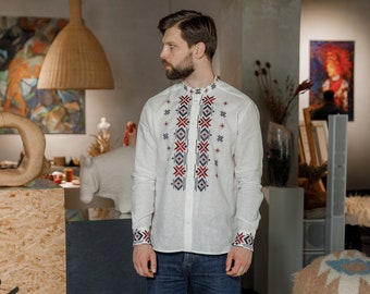 Ukrainian vyshyvanka shirt, white linen embroidered ethnic clothes, Breathable summer ethnic wear, linen shirt for him, folk men's shirt