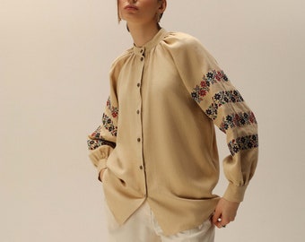 Beige embroidered ethnic blouse, Ukrainian folk clothes, vyshyvanka ethnic linen clothing, embroidered folk women blouse, traditional blouse