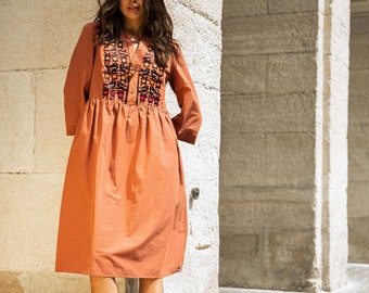 Vyshyvanka modern dress, embroidered orange dress, authentic embroidery, cottage-core dress, women's dress-tunic puff long sleeves, cotton