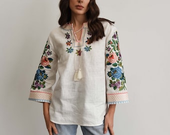 NEW! Ukrainian vyshyvanka for women, linen blouse, Ukrainian embroidery cross stitch pattern blouse, women's linen top, women vyshyvanka