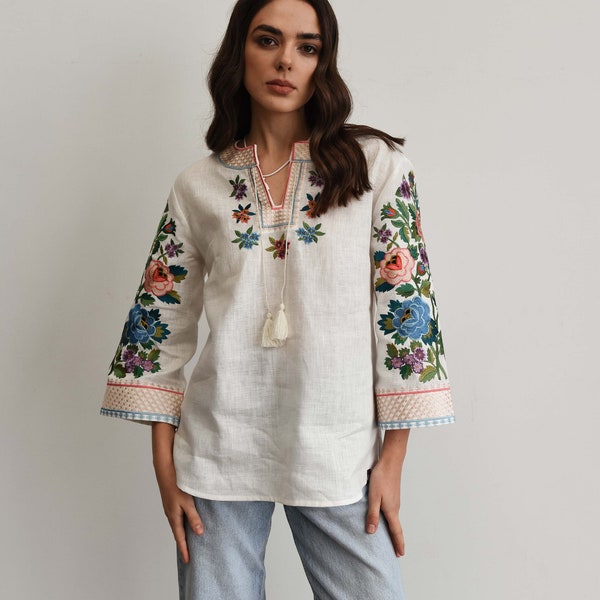 NEW! Ukrainian vyshyvanka for women, linen blouse, Ukrainian embroidery cross stitch pattern blouse, women's linen top, women vyshyvanka