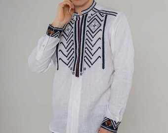 Ukraine traditional clothing - vyshyvanka for men, white linen shirt, embroidered Ukrainian vyshyvanka, men ethnic clothes, made in Ukraine