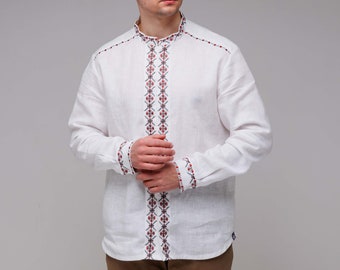 Ukraine traditional clothing - vyshyvanka for men, white linen shirt, embroidered Ukrainian vyshyvanka, men ethnic clothes, made in Ukraine