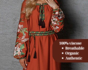 Embroidered ukrainian dress - Vyshyvanka dress, red linen midi dress, womens linen summer dress, engagement dress, cottagecore dress