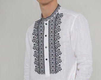 White linen vyshyvanka shirt, slavic embroidered shirt for him, men's summer ethno gift, folk clothing, ethno embroidery shirt, husband gift