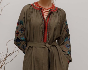 Vyshyvanka modern dress, embroidered khaki dress, authentic embroidery, cottagecore dress, women's dress-tunic puff long sleeves, viscose