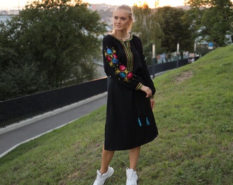 Ukraine vyshyvanka dress, floral midi dress, black elegant midi dress, embroidered dress, cottage core dress, made in Ukraine