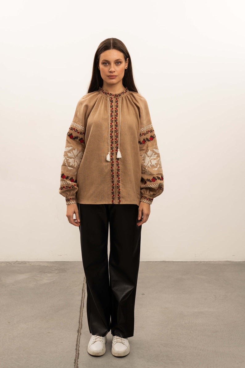 Ukrainian vyshyvanka blouse, womens linen embroidered blouse, women's ethnic linen blouse, traditional folk clothes, blouse gift for her image 1