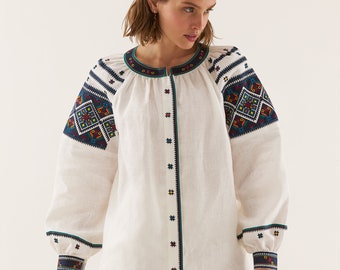 Ukrainian Vyshyvanka Blouse, Hutsul Embroidery, Organic Linen