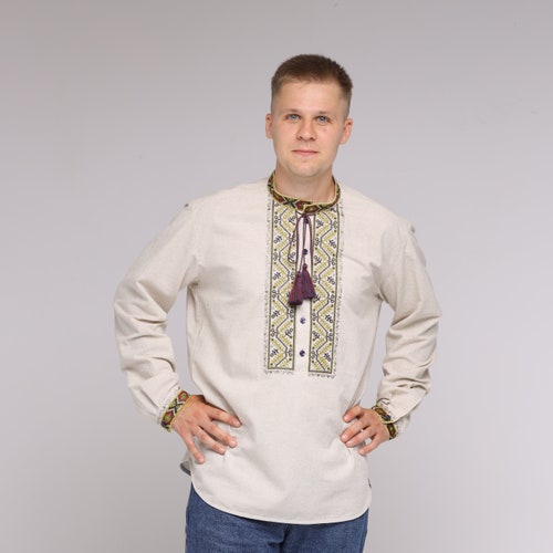Men's linen shirt long sleeve vyshyvanka blouse, Ukraine embroidered High quality organic shops summer beige shirt clothing Father's Day Gifts