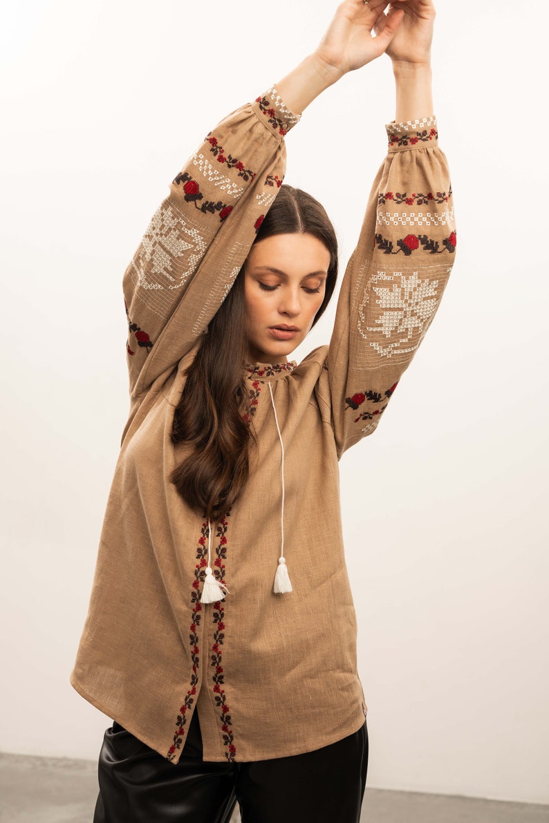 Ukrainian vyshyvanka blouse, womens linen embroidered blouse, women's ethnic linen blouse, traditional folk clothes, blouse gift for her image 2