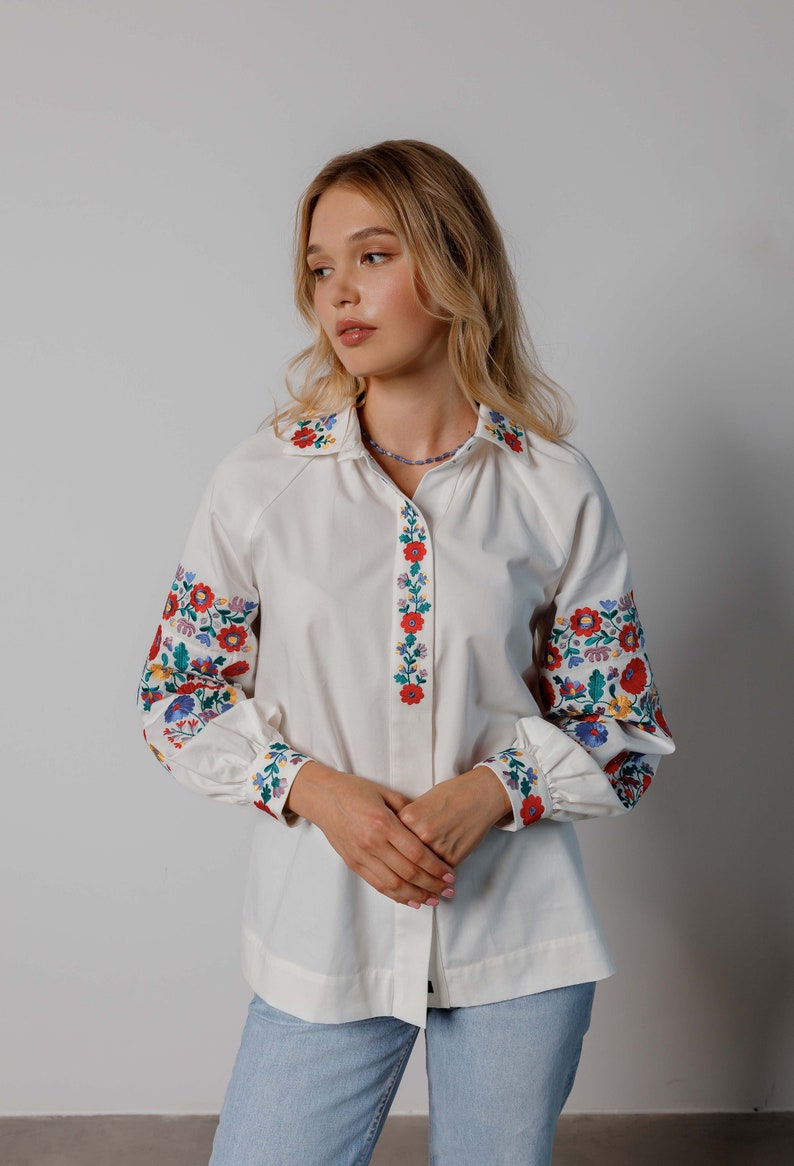 Vyshyvanka women's blouse in white, Ukrainian embroidery on linen, Ethnic ladies clothing, Ukrainian vyshyvanka, Modern cross stitch blouse image 1