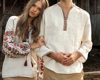 Beige Linen Men's Vyshyvanka: Traditional Ukrainian Embroidered Summer Shirt - Frankivshchyna, Perfect Easter Gift, Natural Linen Mens Shirt