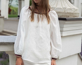 Vyshyvanka linen white blouse for women, embroidered blouse, vyshyvanka blouse cross stitch pattern, modern 2024 white linen top for her