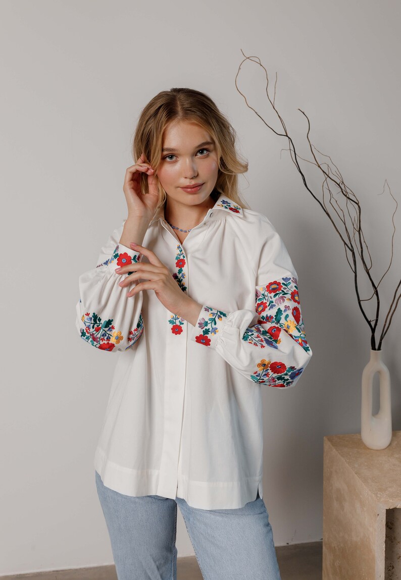 Vyshyvanka women's blouse in white, Ukrainian embroidery on linen, Ethnic ladies clothing, Ukrainian vyshyvanka, Modern cross stitch blouse image 6