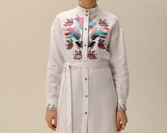 Modern white embroidery vyshyvanka dress for women, white long linen dress, Ukrainian traditional clothes, easter gift, ethnic clothes