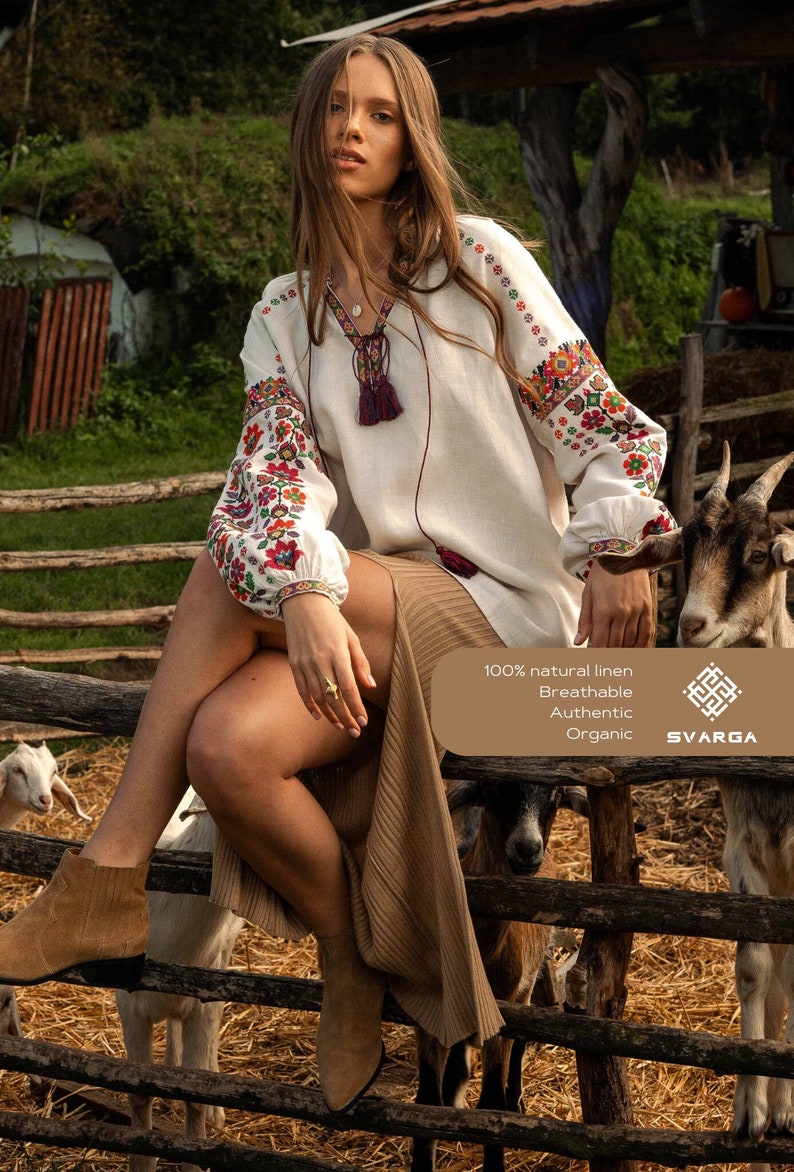 Modern Ukrainian vyshyvanka, linen blouse, summer blouse for her, Ukrainian embroidery, cross stitch pattern, soft beige blouse, breathable image 1