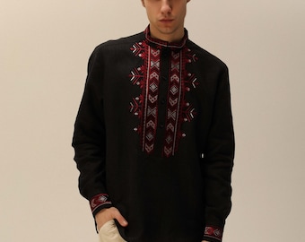 Modern vyshyvanka for men, embroidered cross stitch pattern linen shirt for mens, black linen shirt, ethnic clothes, gift for husband