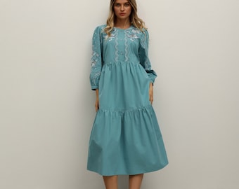 Vyshyvanka modern dress, embroidered cyan dress, authentic embroidery, cottage-core dress, women's dress-tunic puff long sleeves, cotton