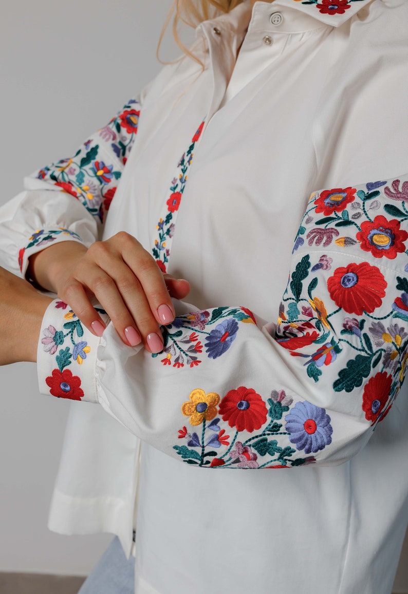 Vyshyvanka women's blouse in white, Ukrainian embroidery on linen, Ethnic ladies clothing, Ukrainian vyshyvanka, Modern cross stitch blouse image 5